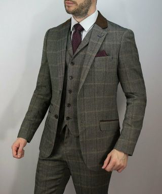 Mens Tweed Check Herringbone Peaky Blinders Vintage Tailored Fit 3 Piece Suit 2