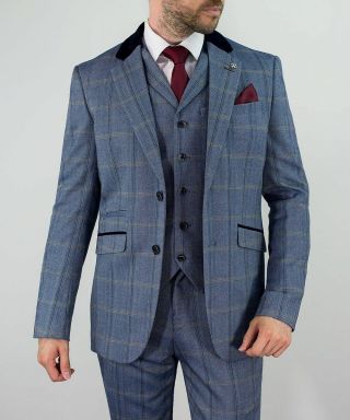 Mens Tweed Check Herringbone Peaky Blinders Vintage Tailored Fit 3 Piece Suit 3