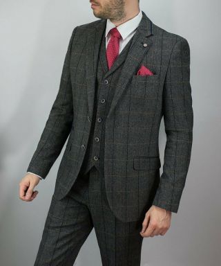 Mens Tweed Check Herringbone Peaky Blinders Vintage Tailored Fit 3 Piece Suit 4
