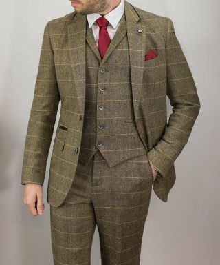 Mens Tweed Check Herringbone Peaky Blinders Vintage Tailored Fit 3 Piece Suit 5
