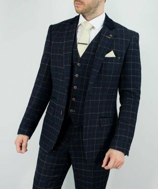 Mens Tweed Check Herringbone Peaky Blinders Vintage Tailored Fit 3 Piece Suit 6