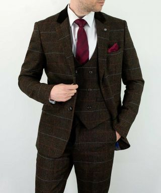 Mens Tweed Check Herringbone Peaky Blinders Vintage Tailored Fit 3 Piece Suit 7