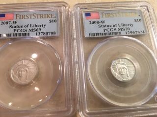 2008 & 2007 W Platinum American Eagle Coin Ms70/69 Fs Pcgs Rare 2 Coin Set