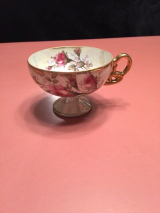 Vintage Pedestal Tea Cup Pink Flowers Carnival Shimmer Gold Trim