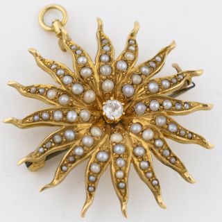 Antique Victorian Edwardian 14k Gold Diamond Seed Pearl Sun Brooch Pin Pendant