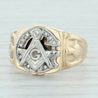 Masonic Diamond Signet Ring - 14k Gold Size 11 Square Compass Blue Lodge Vintage