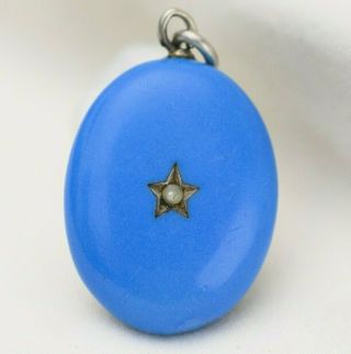 Antique Victorian Mourning Blue Enamel Seed Pearl Star Hair Locket Pendant