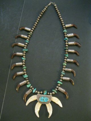 Vintage Dead Pawn Navajo Wolf Claw & W/whirling Log Squash Turquoise Necklace