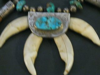 VINTAGE DEAD PAWN Navajo WOLF Claw & W/WHIRLING log Squash Turquoise Necklace 2