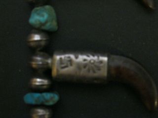 VINTAGE DEAD PAWN Navajo WOLF Claw & W/WHIRLING log Squash Turquoise Necklace 8
