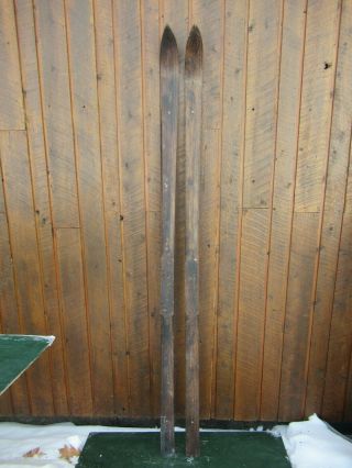 Vintage Wooden 86 " Long Skis With Very Sharp Upwards Curve