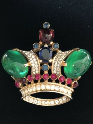 Vintage Trifari Moghul Emerald Green Crown Brooch Jewels Of India Large Size