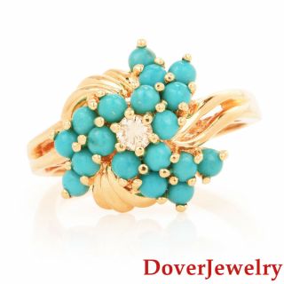 Vintage Diamond Turquoise 14k Gold Crossover Floral Cluster Ring Nr