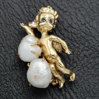 Vintage 14k Yellow Gold Sapphire & Baroque Pearl Cherub Brooch Pin 13.  4 Grams