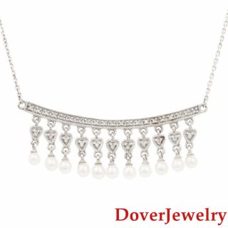 Italian Diamond Pearl 14k White Gold Heart Dangle Pendant Chain Necklace Nr