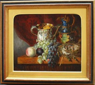 Fine C1860 Still Life Fruit & Chicks In Nest Antique Oil Painting Signed