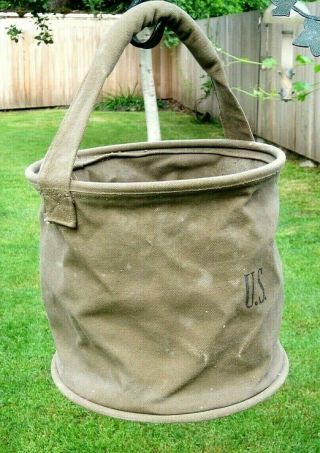 Vintage 1943 Wwii Us Army Military Collapsible Green Canvas Water Bag Bucket Ww2