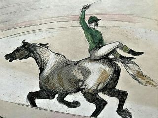 Antique Toulouse - Lautrec Art Rider On Circus Horse Pastel Graphite Painting Sgnd