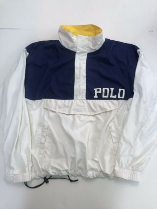 Vtg Polo Ralph Lauren Pullover Windbreaker Jacket Size L White Blue Yellow