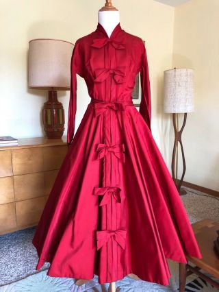 50s Maxwell Shieff Red Silk Dress Beverly Hills Designer Couture 1950s Vtg Gown