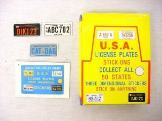 Vintage 1979 Store Display Of 72 - 2 1/2 " Vinyl License Plate Puffy Stickers