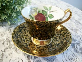 Vintage Clarence Bone England Black & Gold Chintz Rose Footed Tea Cup & Saucer