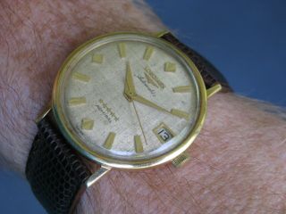 Vintage Longines Admiral 18K Gold Automatic Mens Wrist Watch,  Linen Texture Dial 11