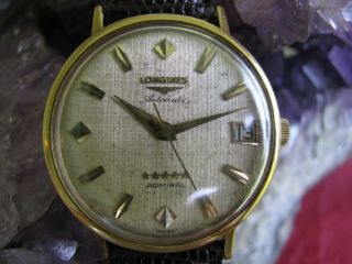 Vintage Longines Admiral 18K Gold Automatic Mens Wrist Watch,  Linen Texture Dial 5