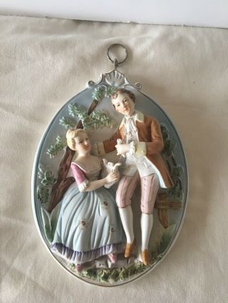 Vintage Hand Painted Porcelain 3d Wall Plaque Of Couple 8 1/2 "