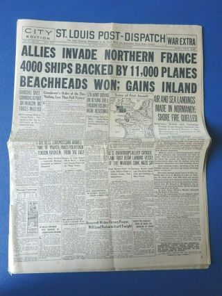 June 6,  1944 St Louis Newspaper,  Allies Invade Normandy,  Stan Musial 2