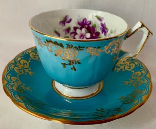 Elegant Aynsley Turquoise & Gold Filigree Cup & Saucer,  Violets,  A Good Mismatch