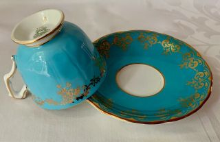 ELEGANT AYNSLEY TURQUOISE & GOLD FILIGREE CUP & SAUCER,  VIOLETS,  A GOOD MISMATCH 2