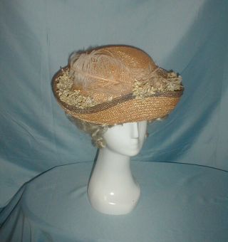 Antique Hat 1890 Two Tone Straw Floral Trim
