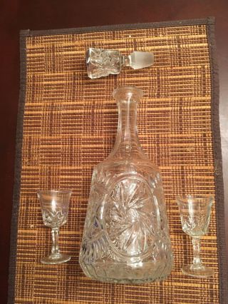Decanter Vintage Crystal Cut With Matching Glasses Over 13 " Tall.  Elegant