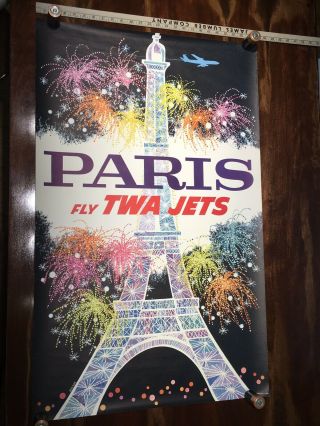 Nm 1962 Twa Paris Travel Airlines Tourism Poster David Klein 40x25” Vtg