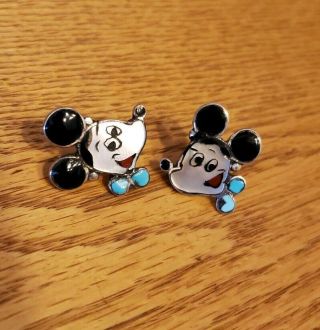 Vintage Zuni Mickey Mouse Sterling Silver Turquoise Onyx Inlaid Earrings