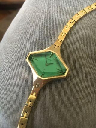 Ladies Women ' s vintage Seiko gold tone faceted crystal blue green diamond watch 2