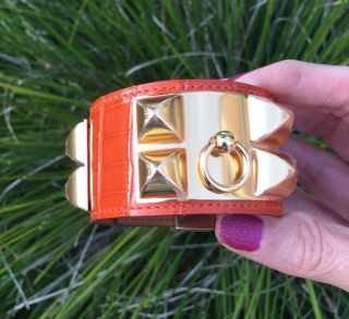 Rare Hermes Orange Gator Collier De Chien Cdc Bracelet Gold Hardware Ghw