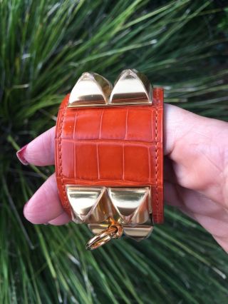 RARE Hermes Orange Gator Collier de Chien CDC Bracelet Gold Hardware GHW 2