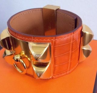 RARE Hermes Orange Gator Collier de Chien CDC Bracelet Gold Hardware GHW 8