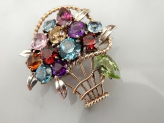 A Stunning Large 9 Ct Gold Blue Zircon And Multi Gemstone Basket Brooch