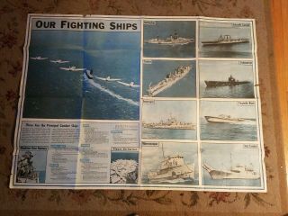 1942 Ww2 Military Newsmap Poster Our Fighting Ships 47 " X35 " Vintage