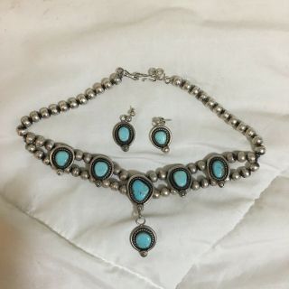 Vintage Sterling Silver And Turquoise Necklace And Earrings Set