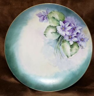 Unique Design Green & Purple Violets Flowers Hand Painted Plate 8 1/2 "