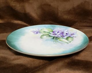Unique Design Green & Purple Violets Flowers Hand Painted Plate 8 1/2 