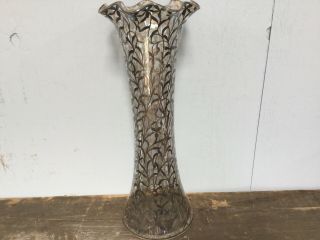 Antique Vintage Art Nouveau Glass Vase With Sterling Overlay Over 20 " Tall