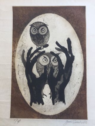 Junichiro Sekino Extremely Rare (one Of Four) Signed Etching " Two Owls " 1963