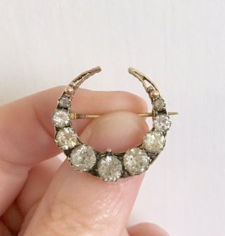 Antique Georgian 9ct Gold Brooch With Old Cut Paste Stones.  Crescent Moon.