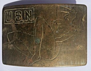 Vintage US Navy Belt Buckle USN Nude Lady Military Trench Art WWII 2