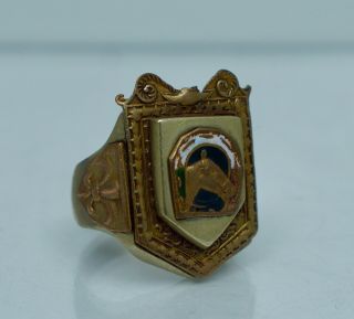 Mexican Biker Ring Green Red White Enamel Horse Vintage Brass Fleur De Lis 9.  5